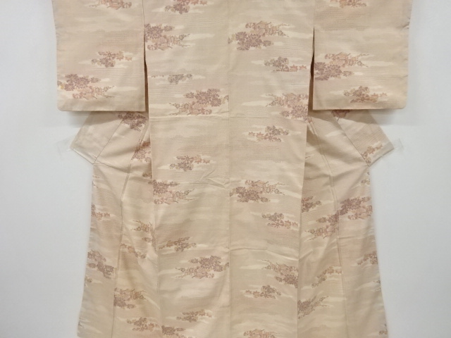 アンティーク　霞に花車模様織り出し十日町紬着物